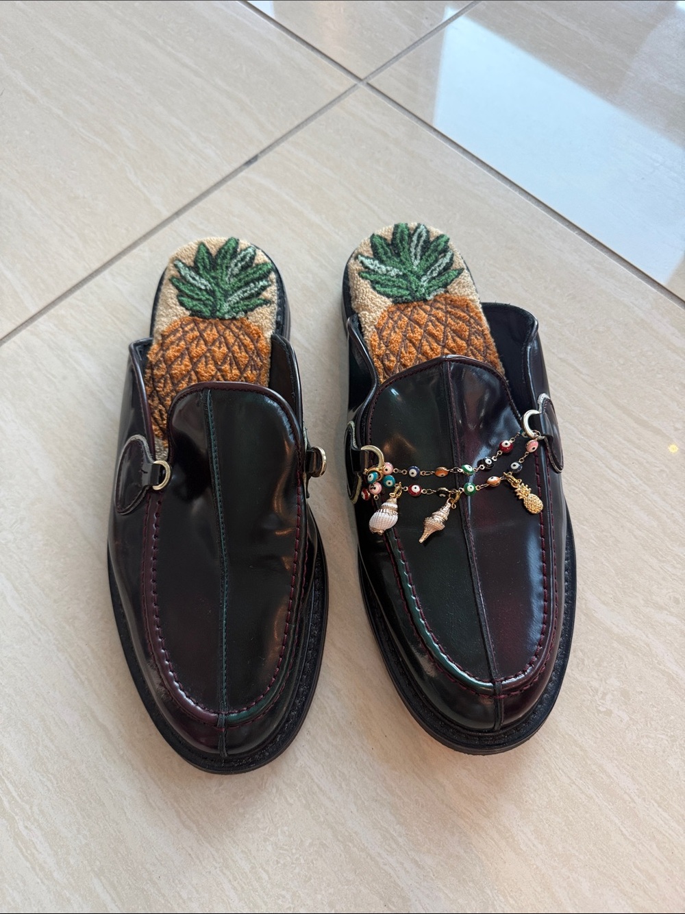 Black Leather Loafer Mules with Pineapple Insole and Charm Chain
